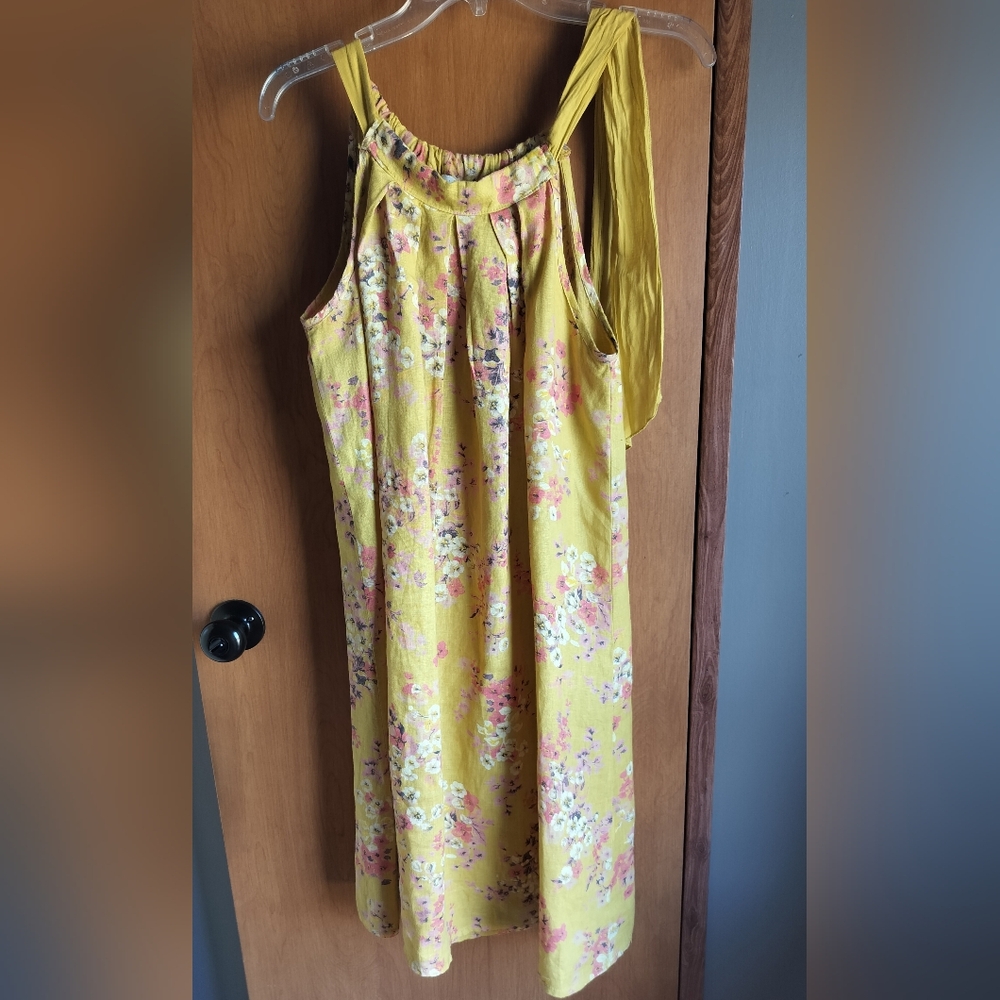 Bellambria Floral 100% Linen Boho Coquette Cottagecore Sundress Yellow Pink S